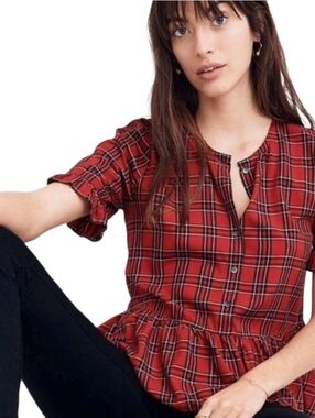 Madewell Studio Ruffle Hem Preppy Top In Clanton Plaid Red/Black. Size Medium